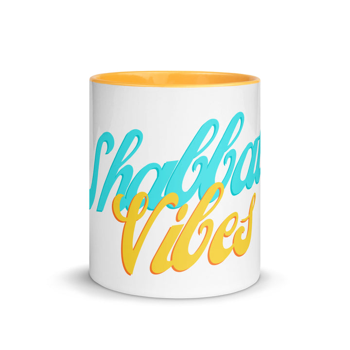 Shabbat Vibes Jewish pride mug with golden yellow inside, 11 oz - front view