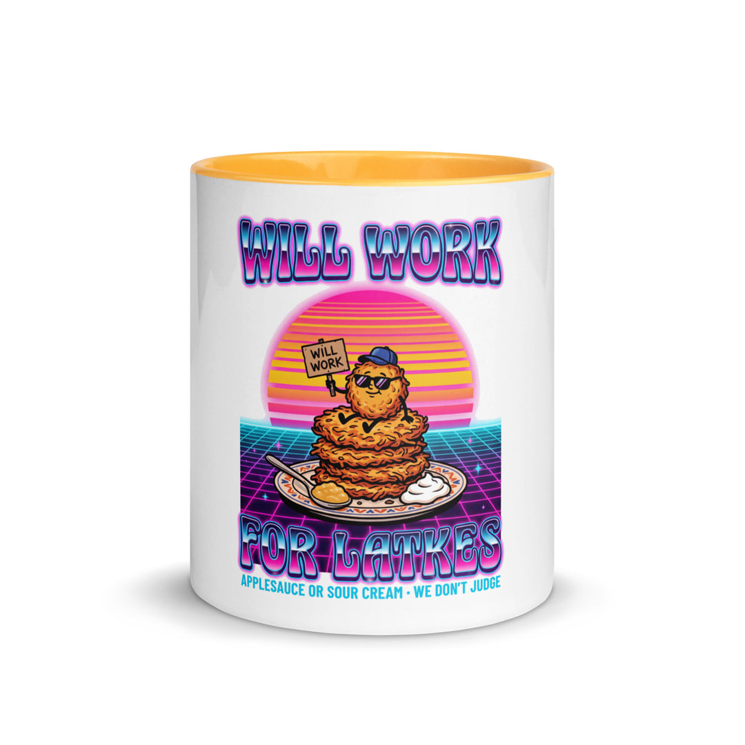 Will Work for Latkes 80s Jewish pride mug with golden yellow inside, 11 oz - front view