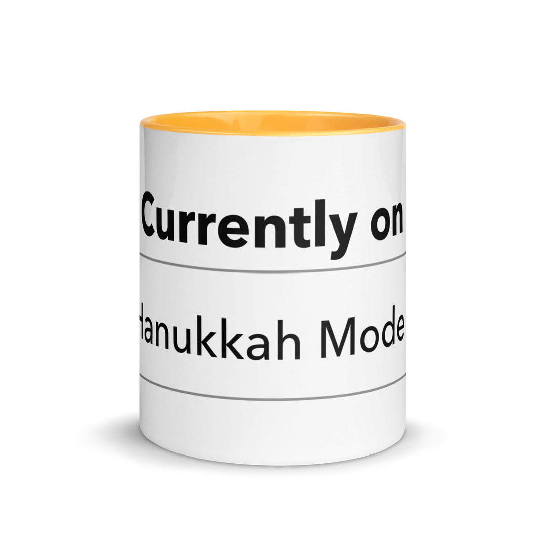 Hanukkah Mode Jewish pride mug with golden yellow inside, 11 oz - front view