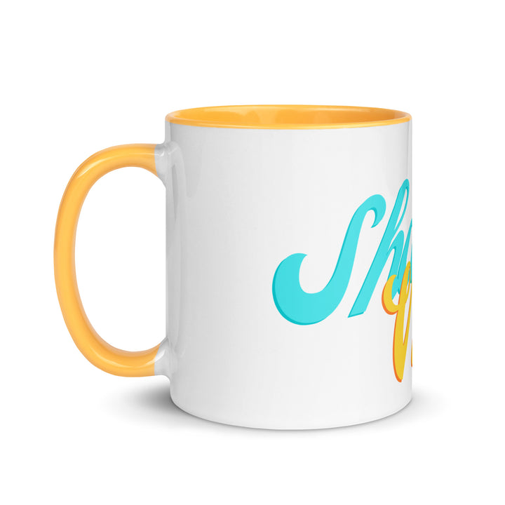 Shabbat Vibes Jewish pride mug with golden yellow inside, 11 oz - left side view