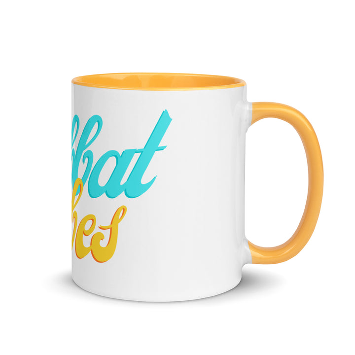 Shabbat Vibes Jewish pride mug with golden yellow inside, 11 oz - right side view