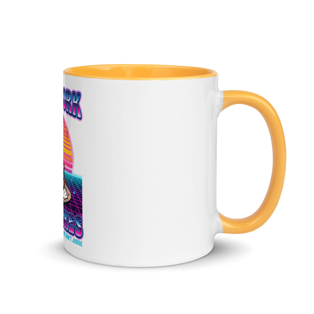 Will Work for Latkes 80s Jewish pride mug with golden yellow inside, 11 oz - right side view