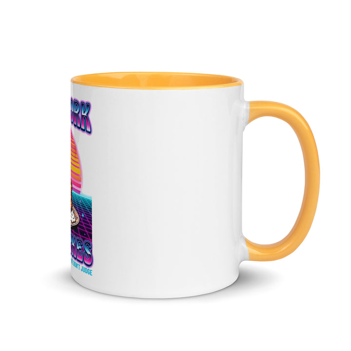 Will Work for Latkes 80s Jewish pride mug with golden yellow inside, 11 oz - right side view