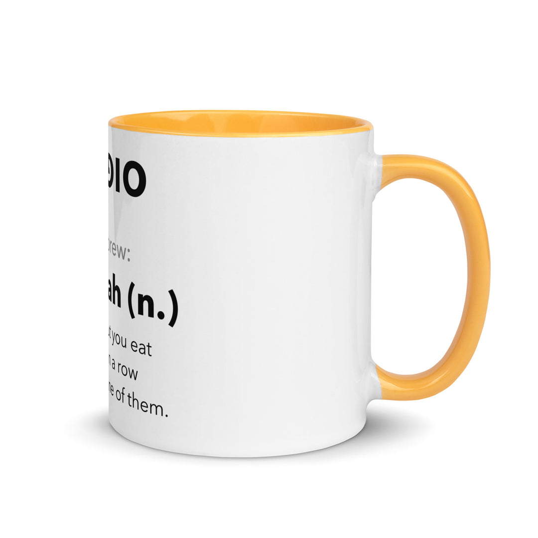 Learn Hebrew Sufganiyah Jewish pride mug with golden yellow inside, 11 oz - right side view