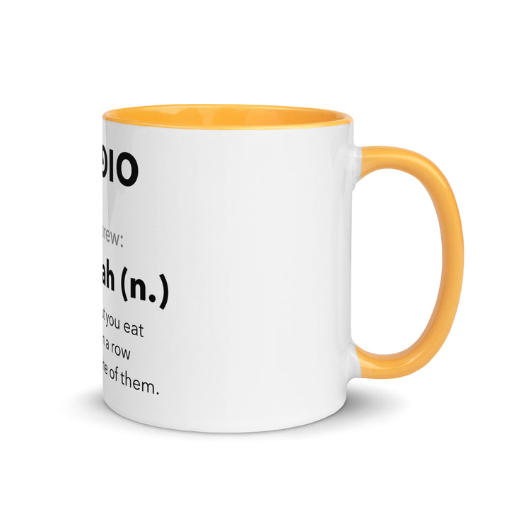 Learn Hebrew Sufganiyah Jewish pride mug with golden yellow inside, 11 oz - right side view