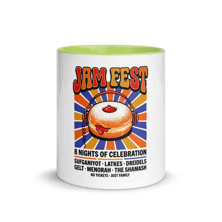 Jam Fest 8 Nights Jewish pride mug with green inside, 11 oz - front view