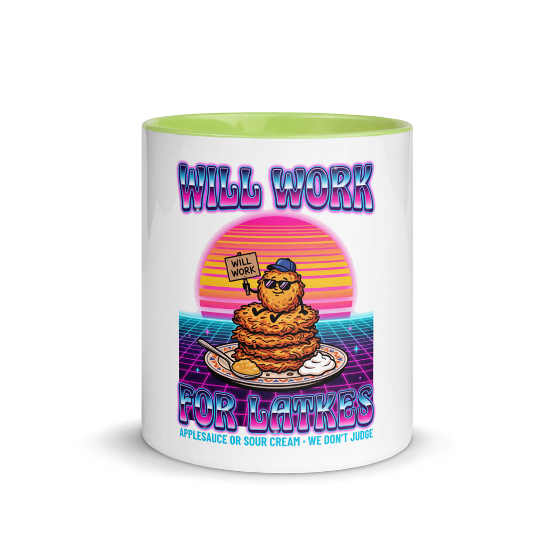 Will Work for Latkes 80s Jewish pride mug with green inside, 11 oz - front view