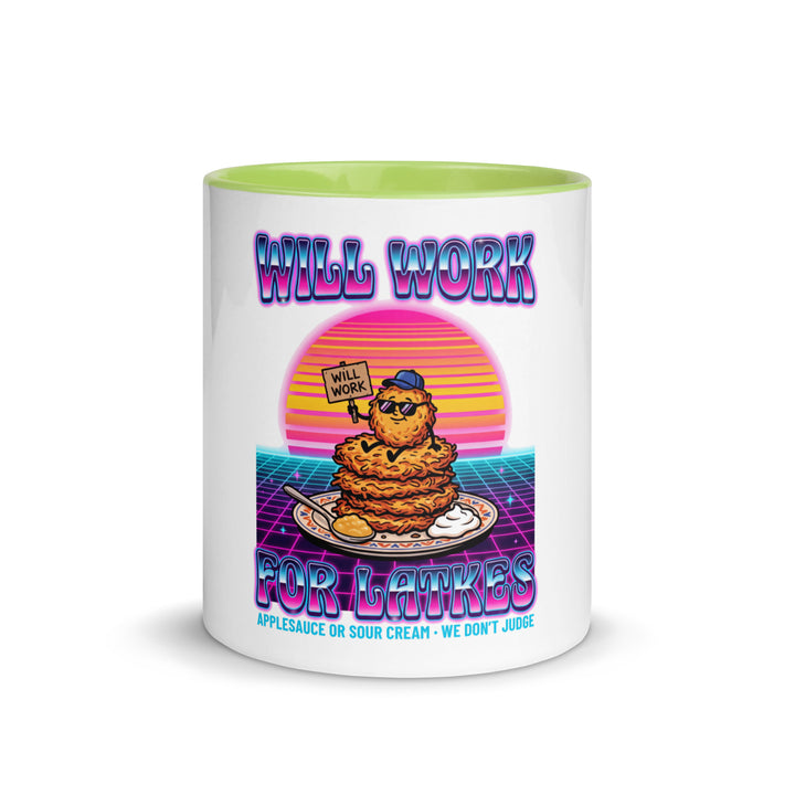 Will Work for Latkes 80s Jewish pride mug with green inside, 11 oz - front view