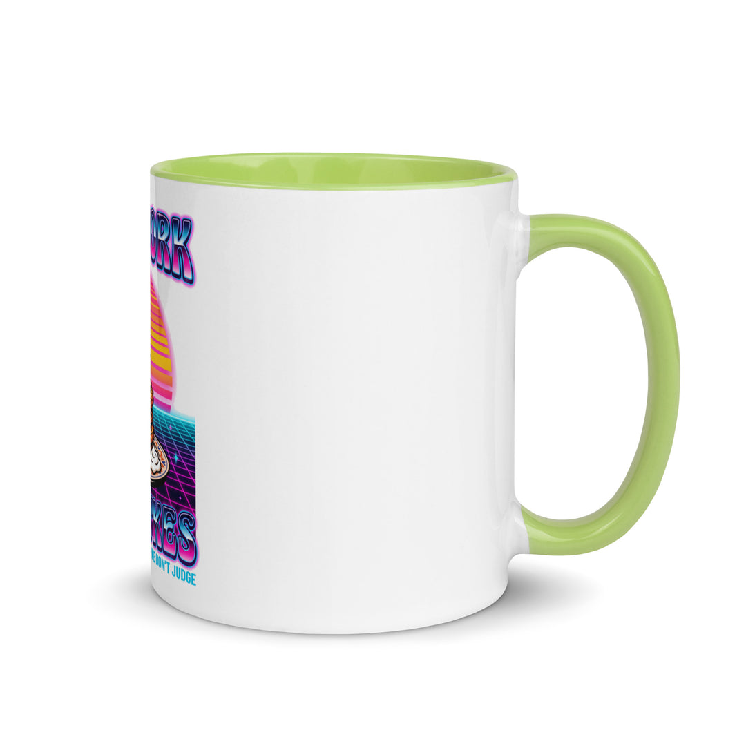 Will Work for Latkes 80s Jewish pride mug with green inside, 11 oz - right side view