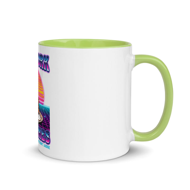 Will Work for Latkes 80s Jewish pride mug with green inside, 11 oz - right side view