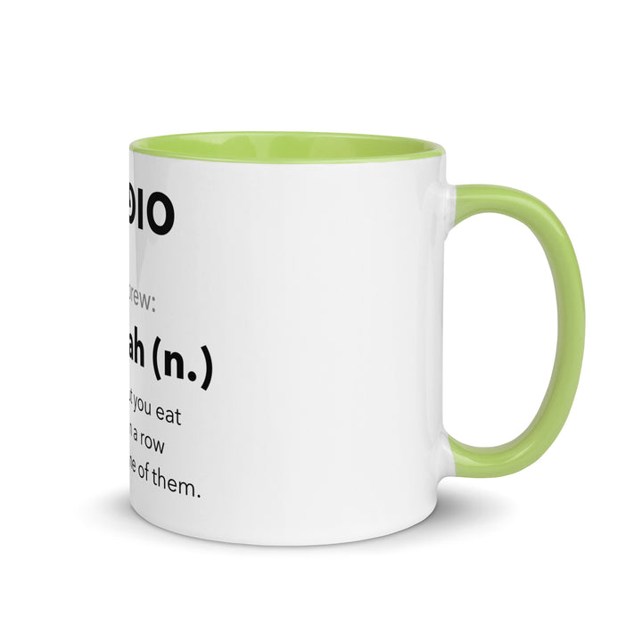 Learn Hebrew Sufganiyah Jewish pride mug with green inside, 11 oz - right side view