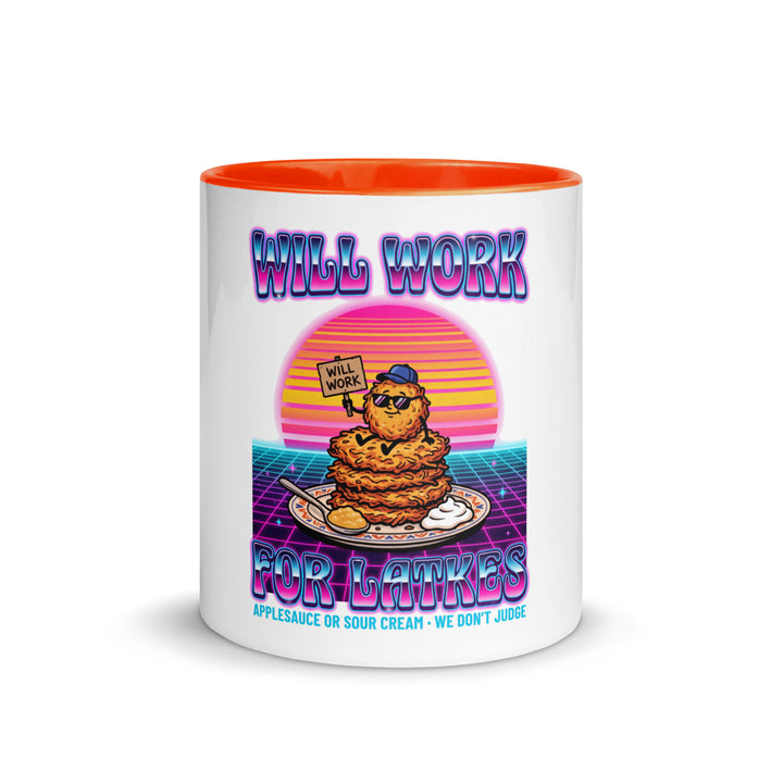 Will Work for Latkes 80s Jewish pride mug with orange inside, 11 oz - front view