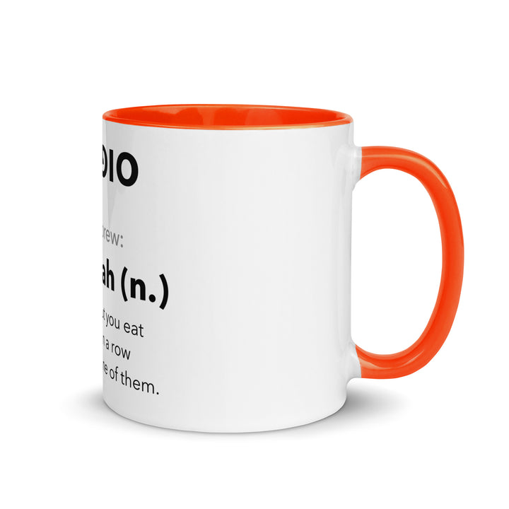 Learn Hebrew Sufganiyah Jewish pride mug with orange inside, 11 oz - right side view