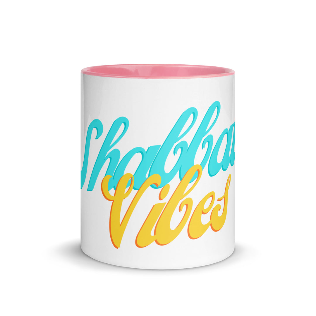 Shabbat Vibes Jewish pride mug with pink inside, 11 oz - front view
