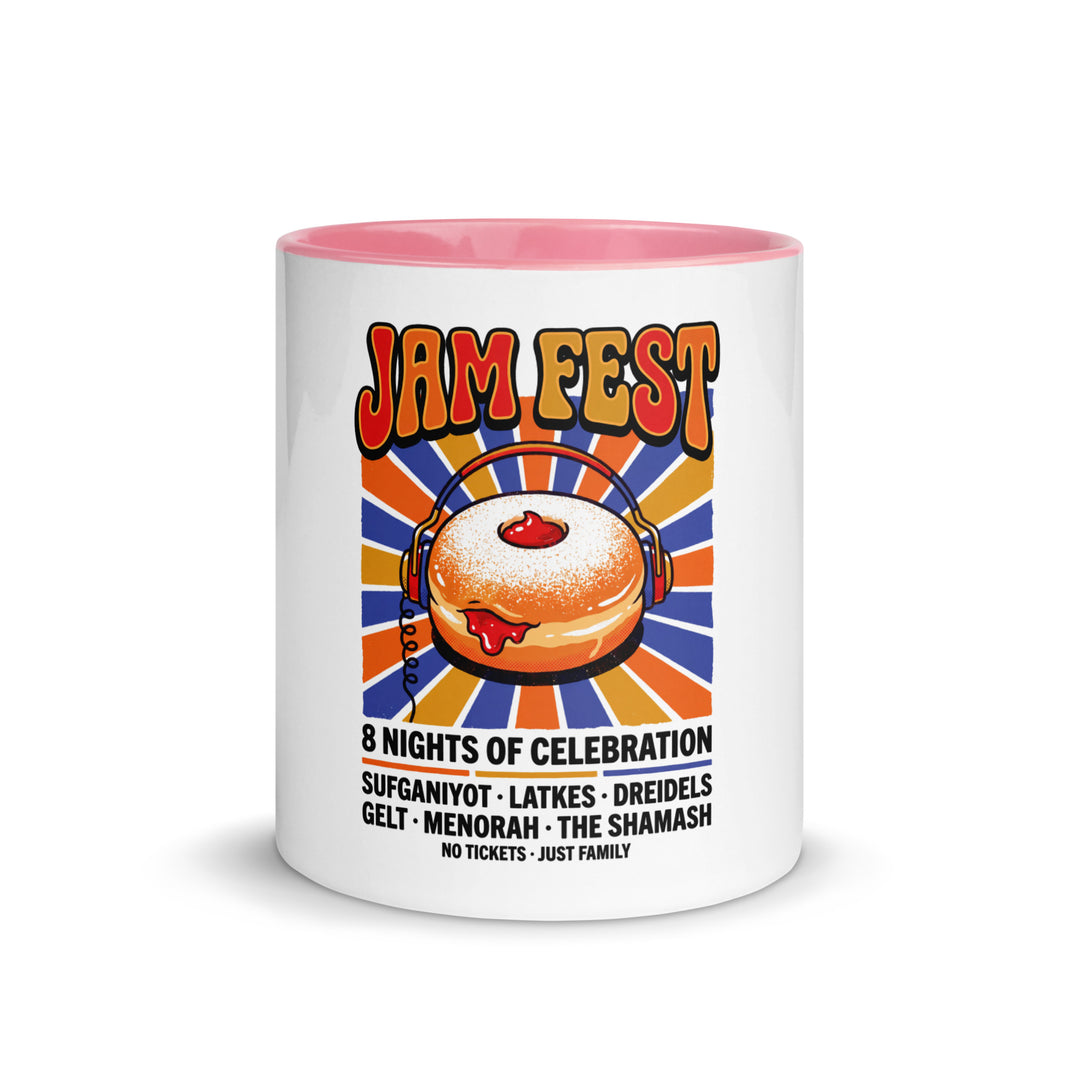 Jam Fest 8 Nights Jewish pride mug with pink inside, 11 oz - front view