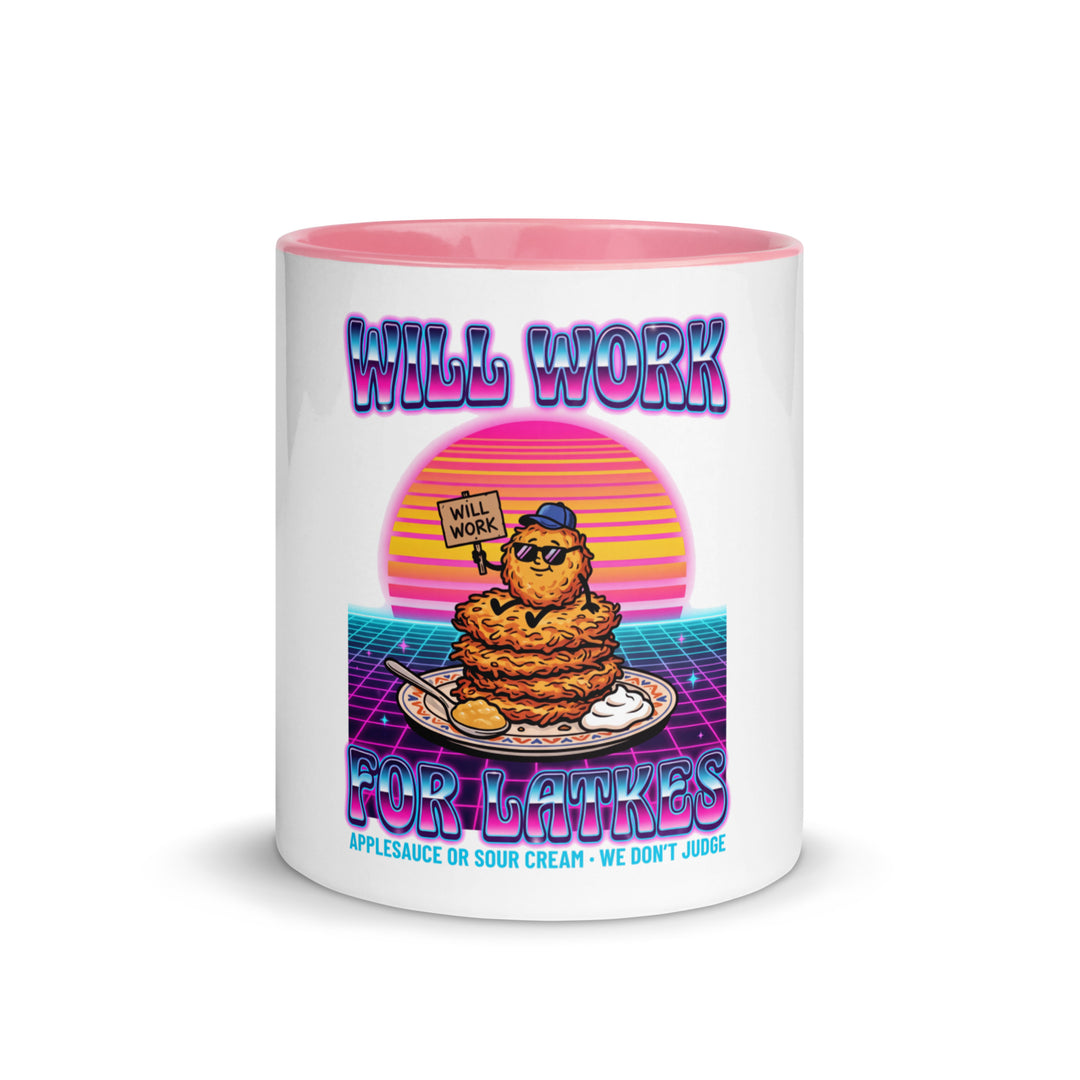 Will Work for Latkes 80s Jewish pride mug with pink inside, 11 oz - front view
