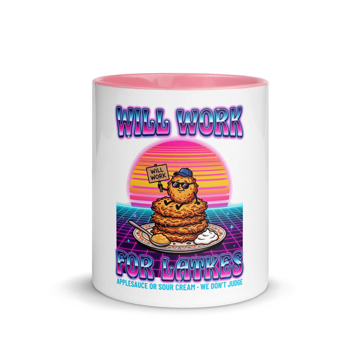 Will Work for Latkes 80s Jewish pride mug with pink inside, 11 oz - front view