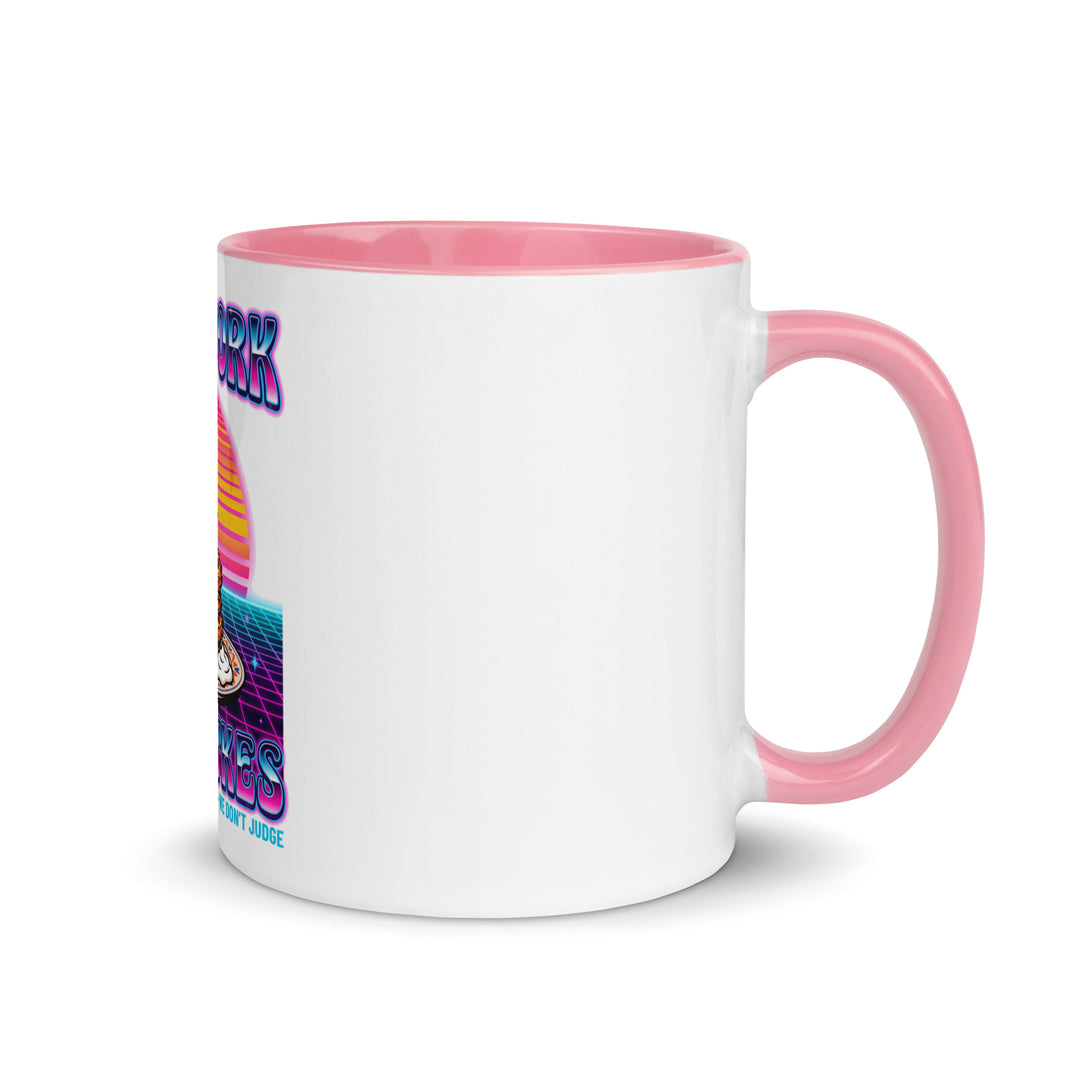Will Work for Latkes 80s Jewish pride mug with pink inside, 11 oz - right side view