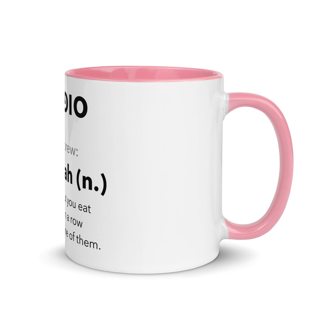 Learn Hebrew Sufganiyah Jewish pride mug with pink inside, 11 oz - right side view