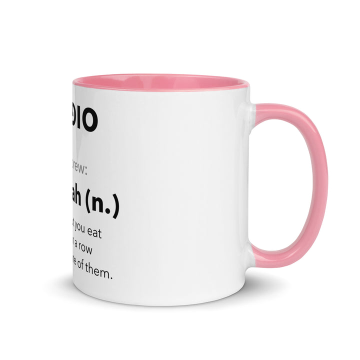 Learn Hebrew Sufganiyah Jewish pride mug with pink inside, 11 oz - right side view