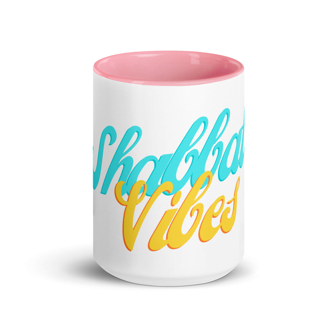Shabbat Vibes Jewish pride mug with pink inside, 15 oz - front view
