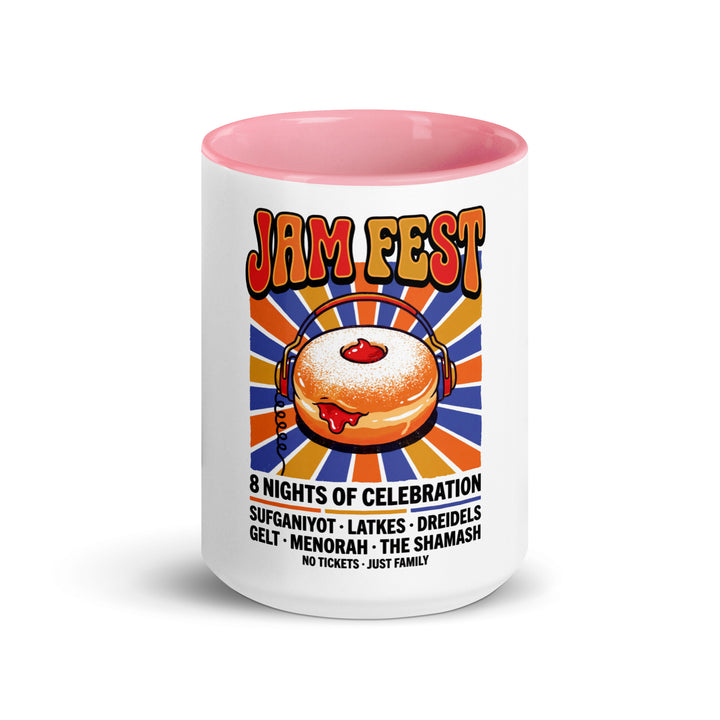 Jam Fest 8 Nights Jewish pride mug with pink inside, 15 oz - front view