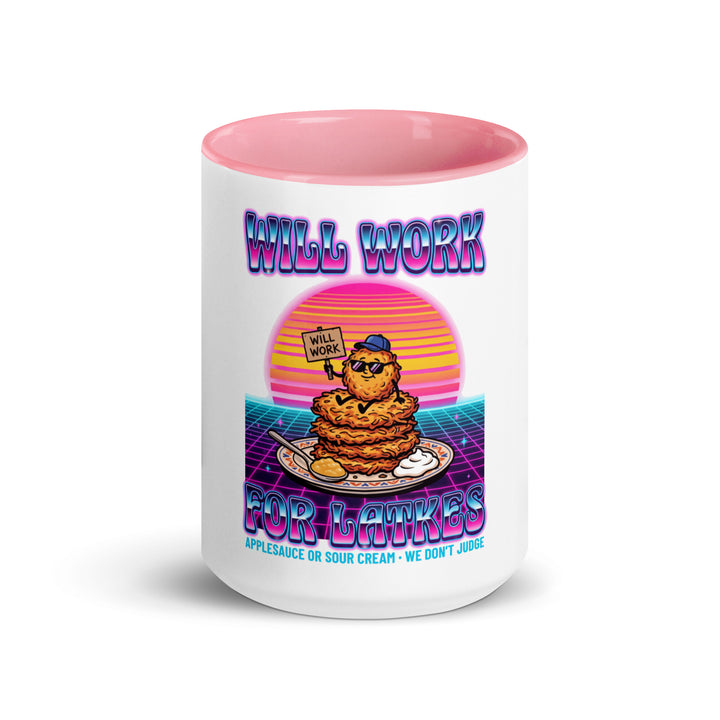 Will Work for Latkes 80s Jewish pride mug with pink inside, 15 oz - front view