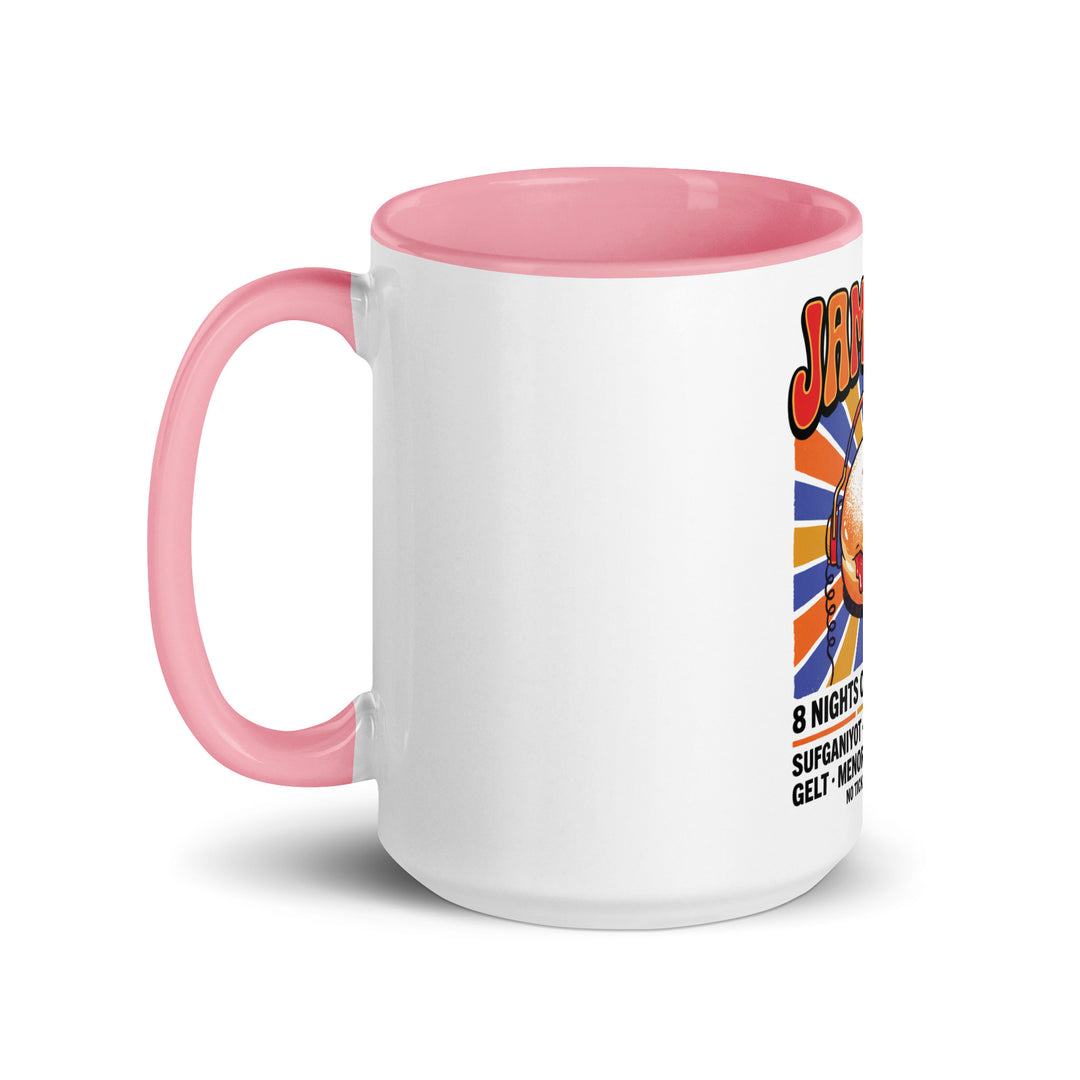 Jam Fest 8 Nights Jewish pride mug with pink inside, 15 oz - left side view