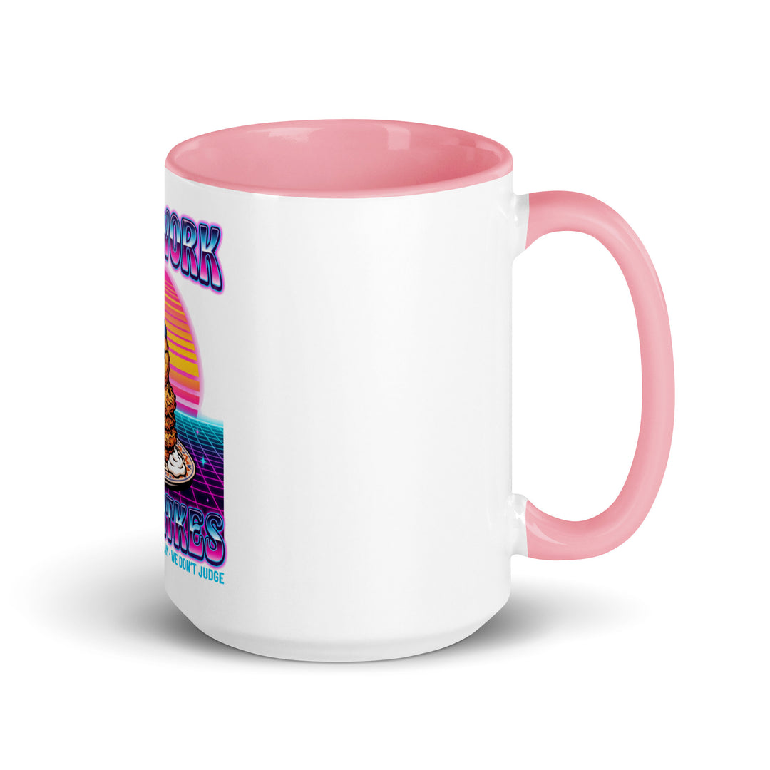 Will Work for Latkes 80s Jewish pride mug with pink inside, 15 oz - right side view