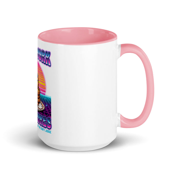 Will Work for Latkes 80s Jewish pride mug with pink inside, 15 oz - right side view