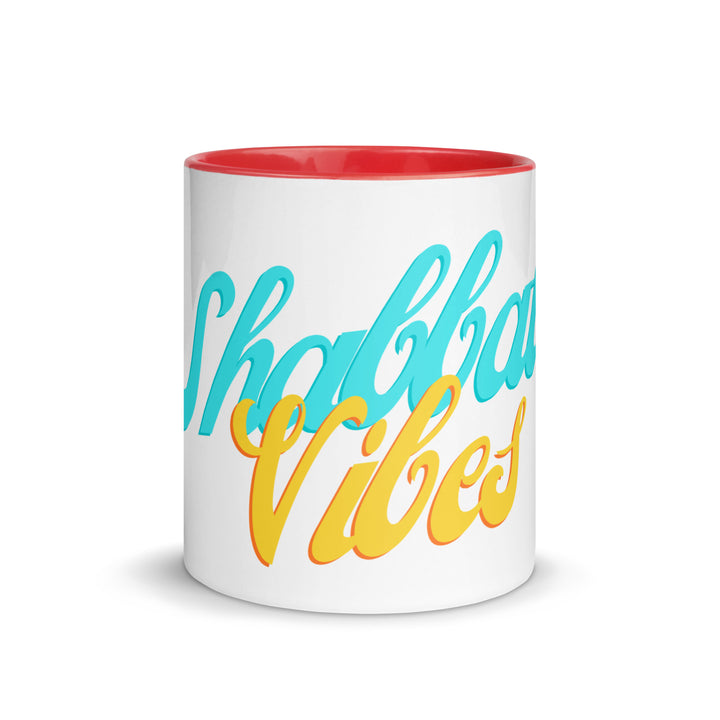 Shabbat Vibes Jewish pride mug with red inside, 11 oz - front view
