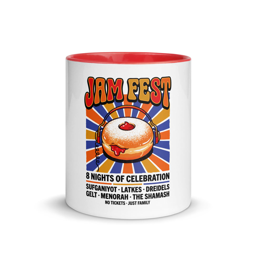 Jam Fest 8 Nights Jewish pride mug with red inside, 11 oz - front view