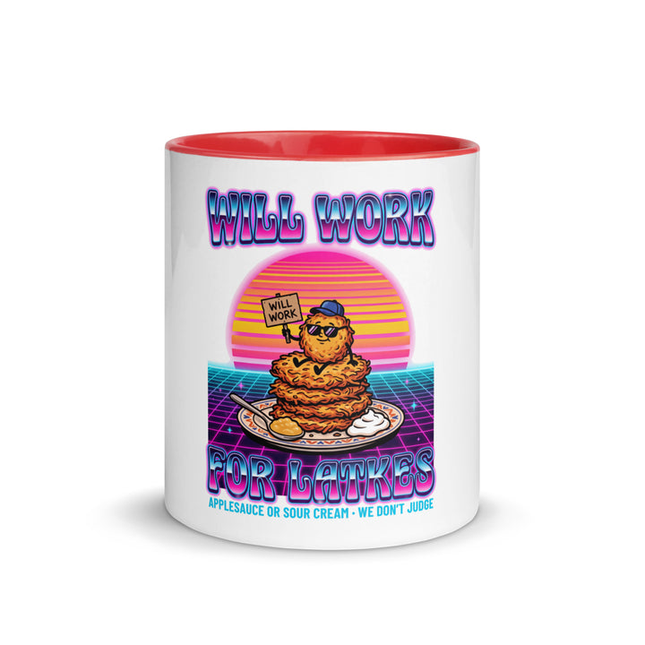 Will Work for Latkes 80s Jewish pride mug with red inside, 11 oz - front view