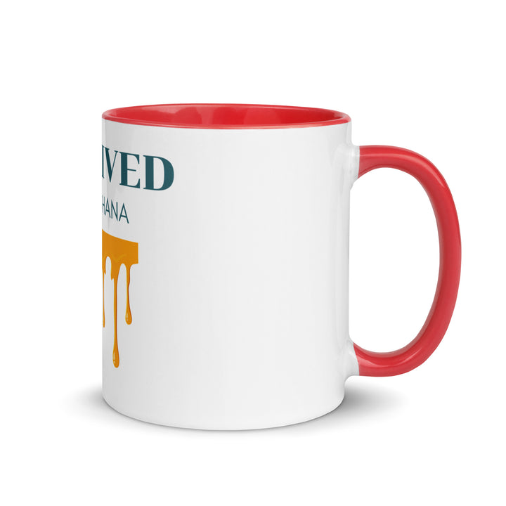 I Survived Rosh HaShana Jewish pride mug with color inside in Red - lifestyle shot