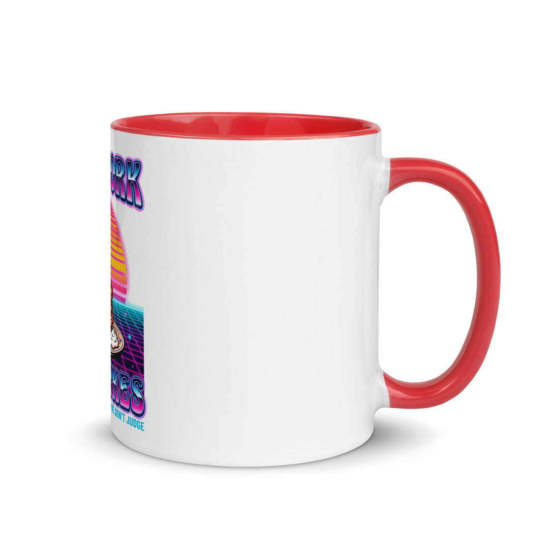 Will Work for Latkes 80s Jewish pride mug with red inside, 11 oz - right side view