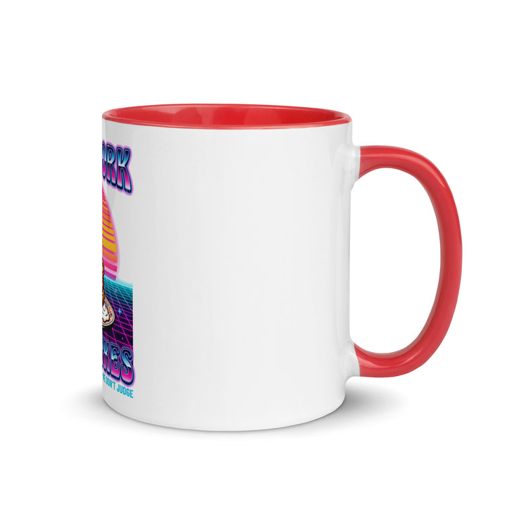 Will Work for Latkes 80s Jewish pride mug with red inside, 11 oz - right side view