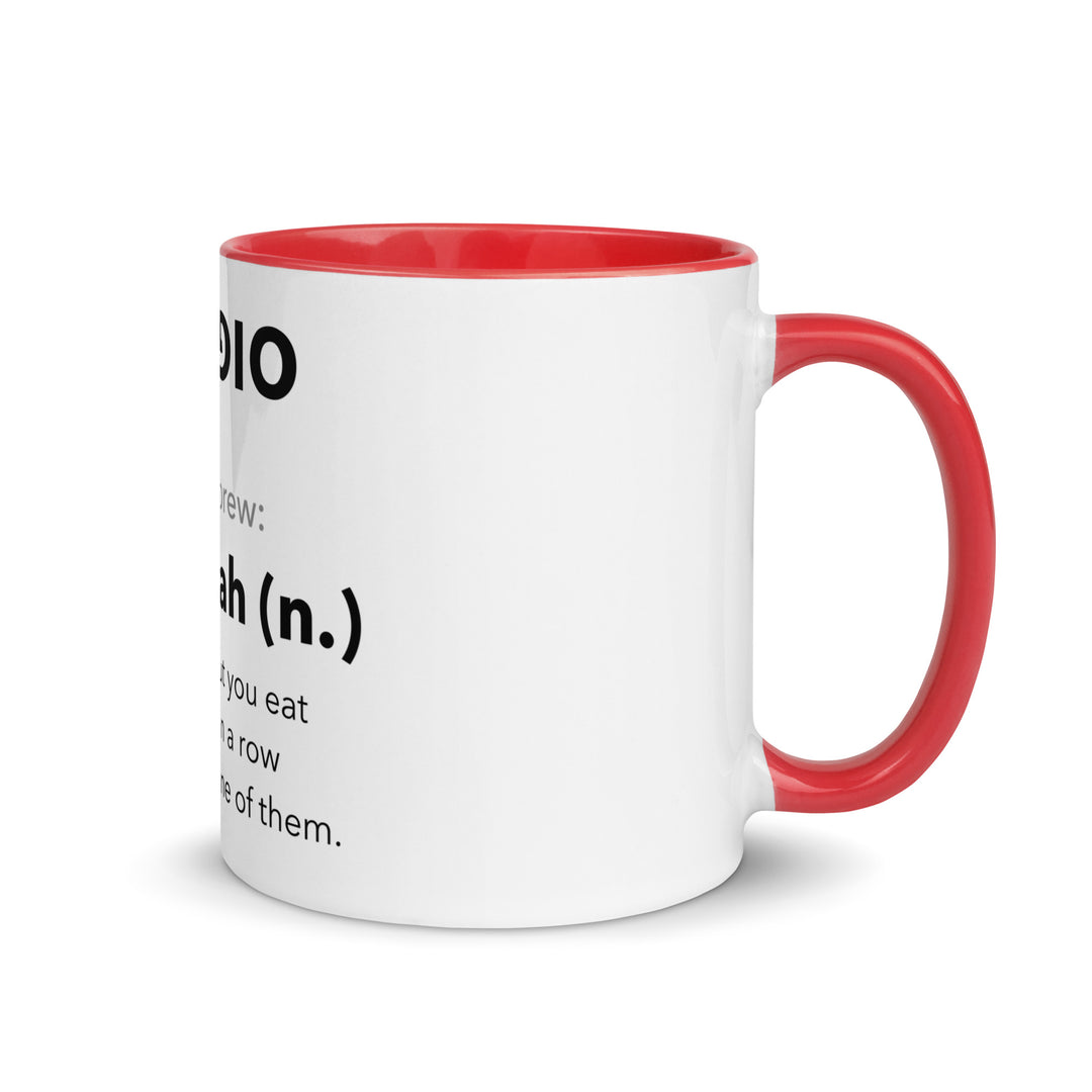 Learn Hebrew Sufganiyah Jewish pride mug with red inside, 11 oz - right side view