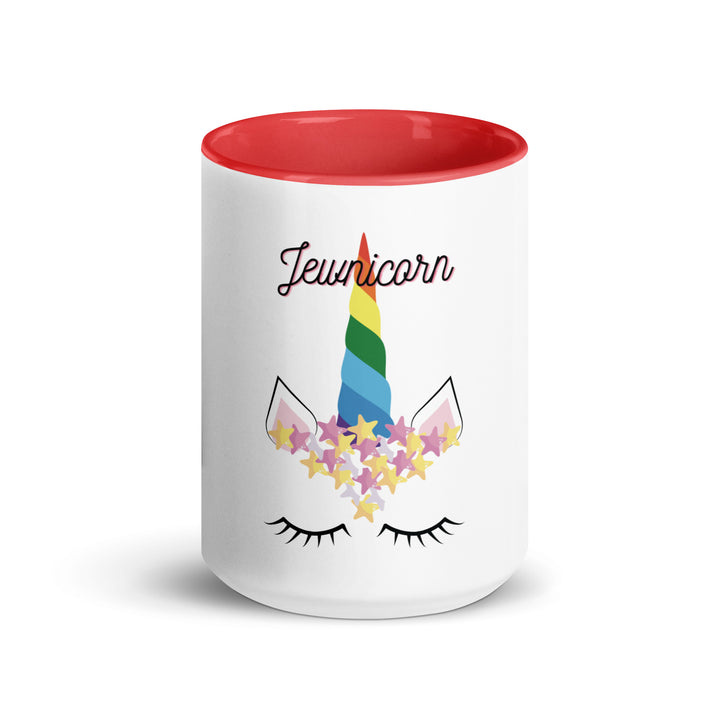 Jewnicorn Jewish pride mug with color inside - lifestyle shot