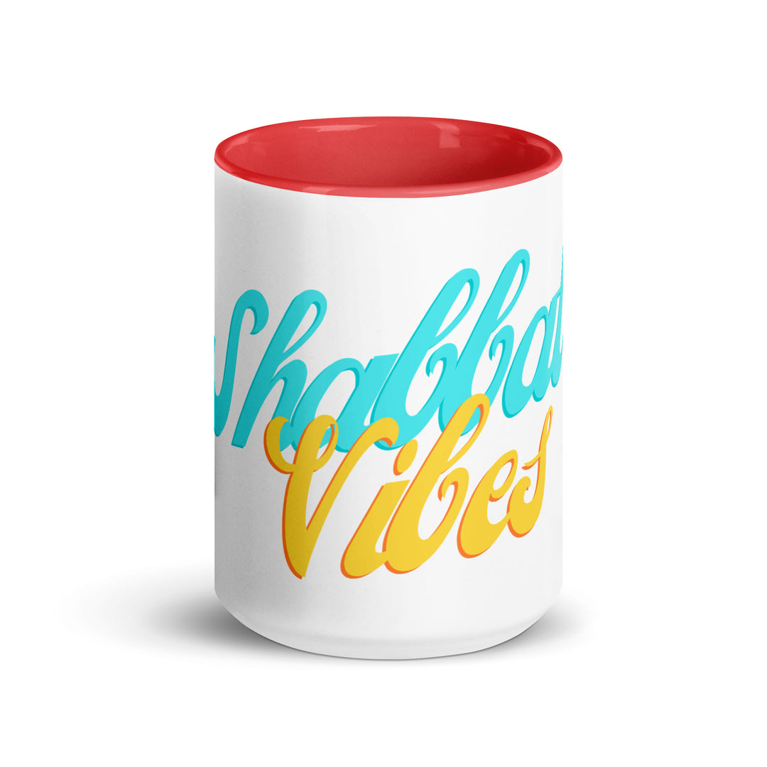 Shabbat Vibes Jewish pride mug with red inside, 15 oz - front view