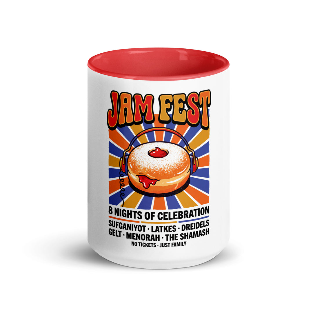 Jam Fest 8 Nights Jewish pride mug with red inside, 15 oz - front view