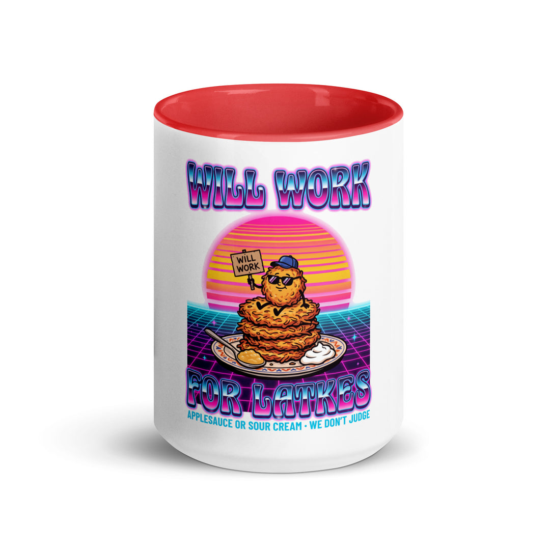 Will Work for Latkes 80s Jewish pride mug with red inside, 15 oz - front view
