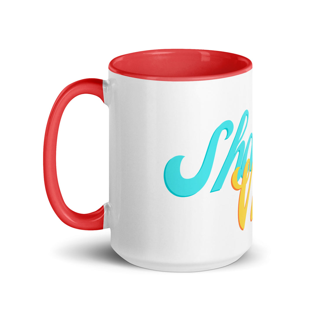 Shabbat Vibes Jewish pride mug with red inside, 15 oz - left side view