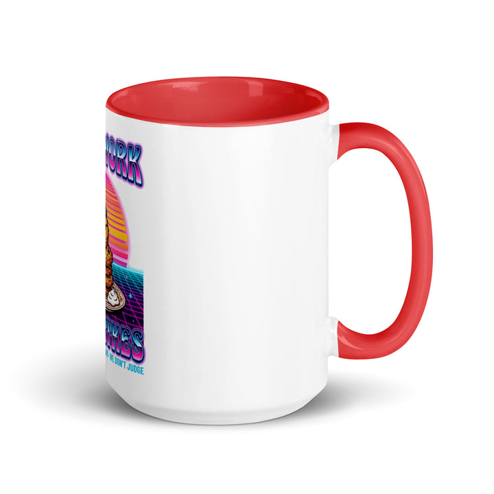 Will Work for Latkes 80s Jewish pride mug with red inside, 15 oz - right side view
