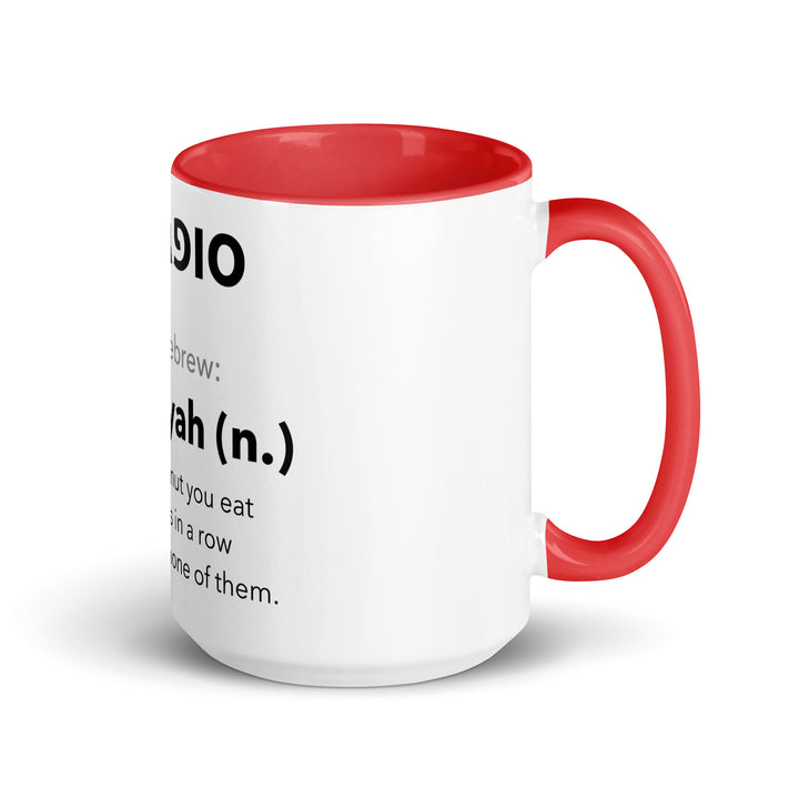 Learn Hebrew Sufganiyah Jewish pride mug with red inside, 15 oz - right side view
