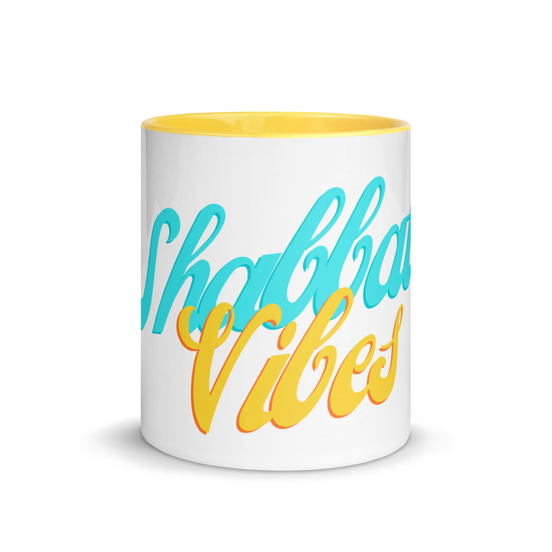 Shabbat Vibes Jewish pride mug with yellow inside, 11 oz - front view