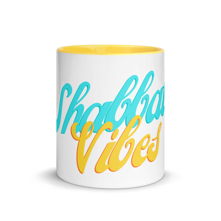 Shabbat Vibes Jewish pride mug with yellow inside, 11 oz - front view