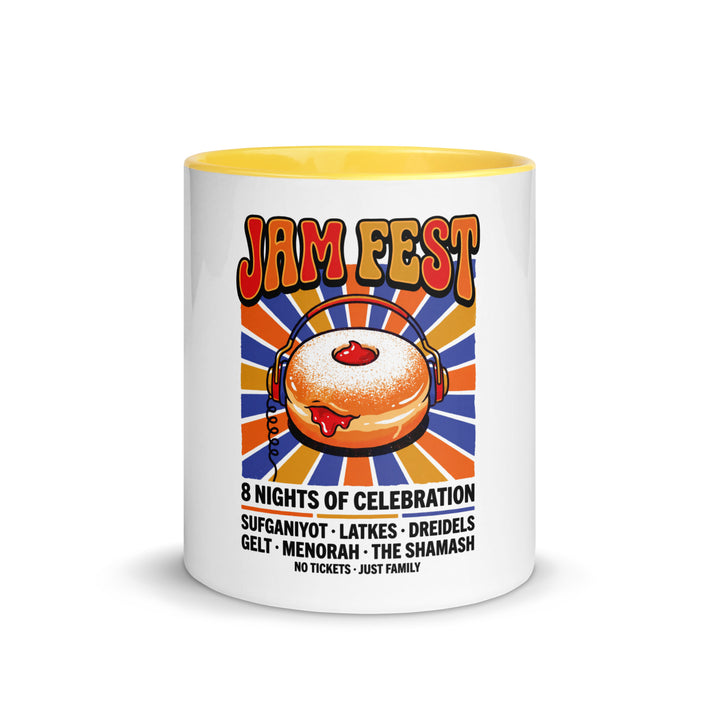 Jam Fest 8 Nights Jewish pride mug with yellow inside, 11 oz - front view