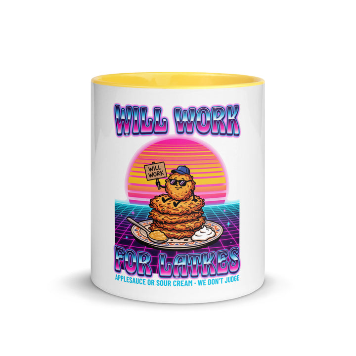Will Work for Latkes 80s Jewish pride mug with yellow inside, 11 oz - front view