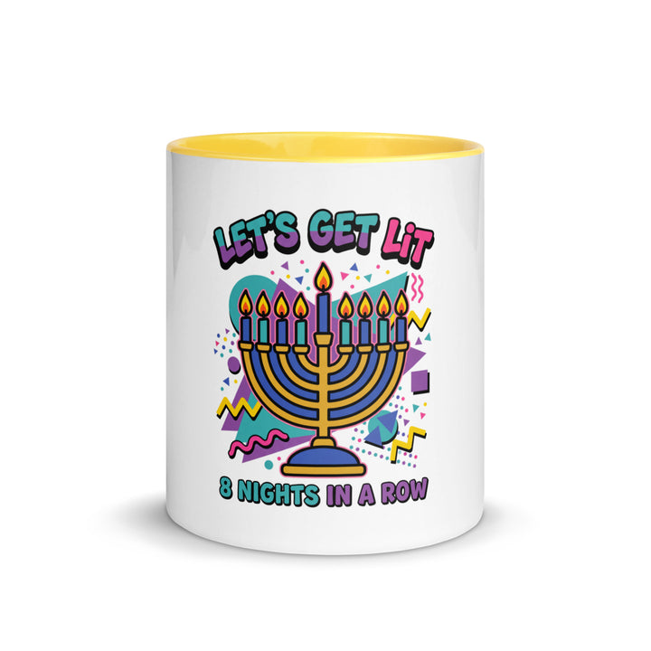 Lets Get Lit 90s Jewish pride mug with yellow inside, 11 oz - front view