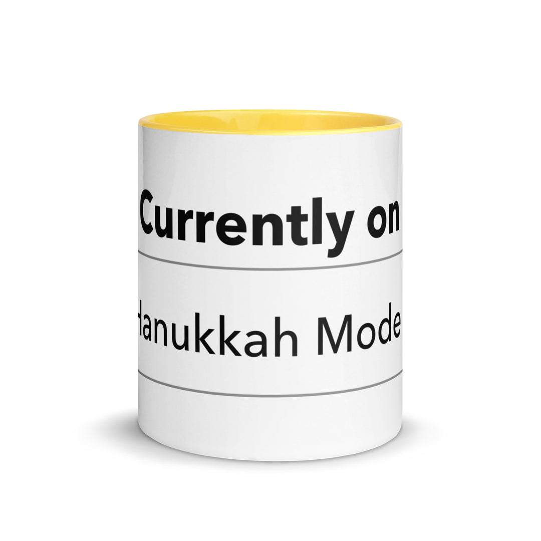 Hanukkah Mode Jewish pride mug with yellow inside, 11 oz - front view
